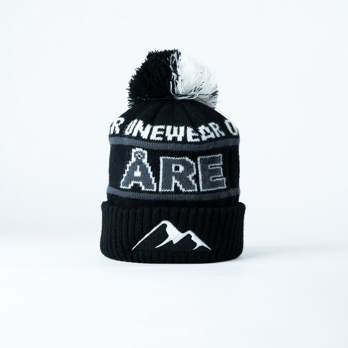 A black beanie with ' ÅRE ' written on it, designed for the winter season, displayed against a white background.